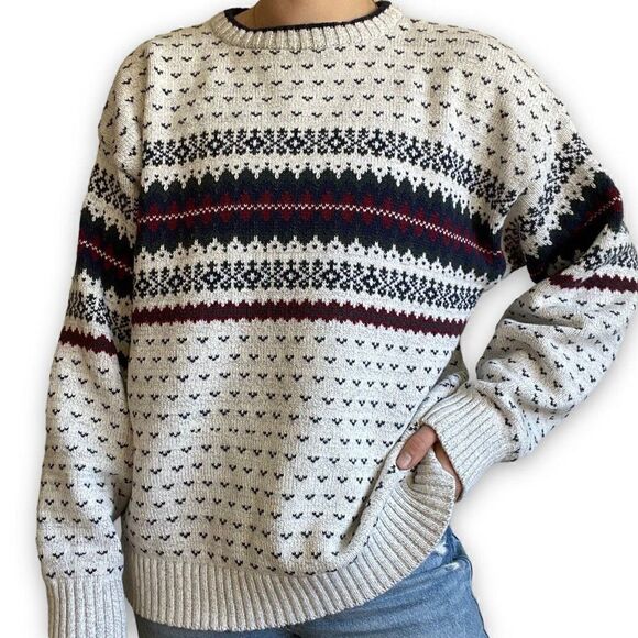 Vintage 90s Unisex Fair Isle Geometric Cotton Retro Ski Grandpa Sweater Sz L - Picture 5 of 7